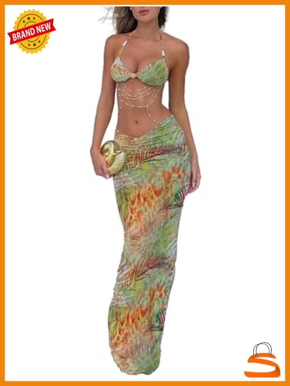 Sexy Ruched Bodycon Two Piece Maxi Skirt Set Halter Crop Top Party Outfit